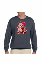 Load image into Gallery viewer, Faux Yarn Valentine's Day Teddy Bear - DTF Printed Sweatshirts (Adult Sizes) **UNISEX** YOU SELECT THE SWEATSHIRT COLOR (31 COLORS)