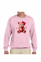 Load image into Gallery viewer, Faux Yarn Valentine's Day Teddy Bear - DTF Printed Sweatshirts (Adult Sizes) **UNISEX** YOU SELECT THE SWEATSHIRT COLOR (31 COLORS)