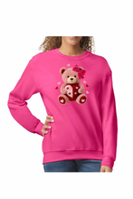 Load image into Gallery viewer, Faux Yarn Valentine's Day Teddy Bear - DTF Printed Sweatshirts (Adult Sizes) **UNISEX** YOU SELECT THE SWEATSHIRT COLOR (31 COLORS)