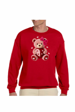 Load image into Gallery viewer, Faux Yarn Valentine's Day Teddy Bear - DTF Printed Sweatshirts (Adult Sizes) **UNISEX** YOU SELECT THE SWEATSHIRT COLOR (31 COLORS)