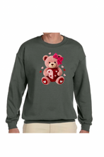 Load image into Gallery viewer, Faux Yarn Valentine's Day Teddy Bear - DTF Printed Sweatshirts (Adult Sizes) **UNISEX** YOU SELECT THE SWEATSHIRT COLOR (31 COLORS)