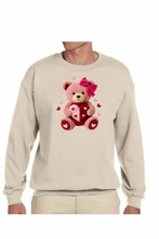 Load image into Gallery viewer, Faux Yarn Valentine's Day Teddy Bear - DTF Printed Sweatshirts (Adult Sizes) **UNISEX** YOU SELECT THE SWEATSHIRT COLOR (31 COLORS)