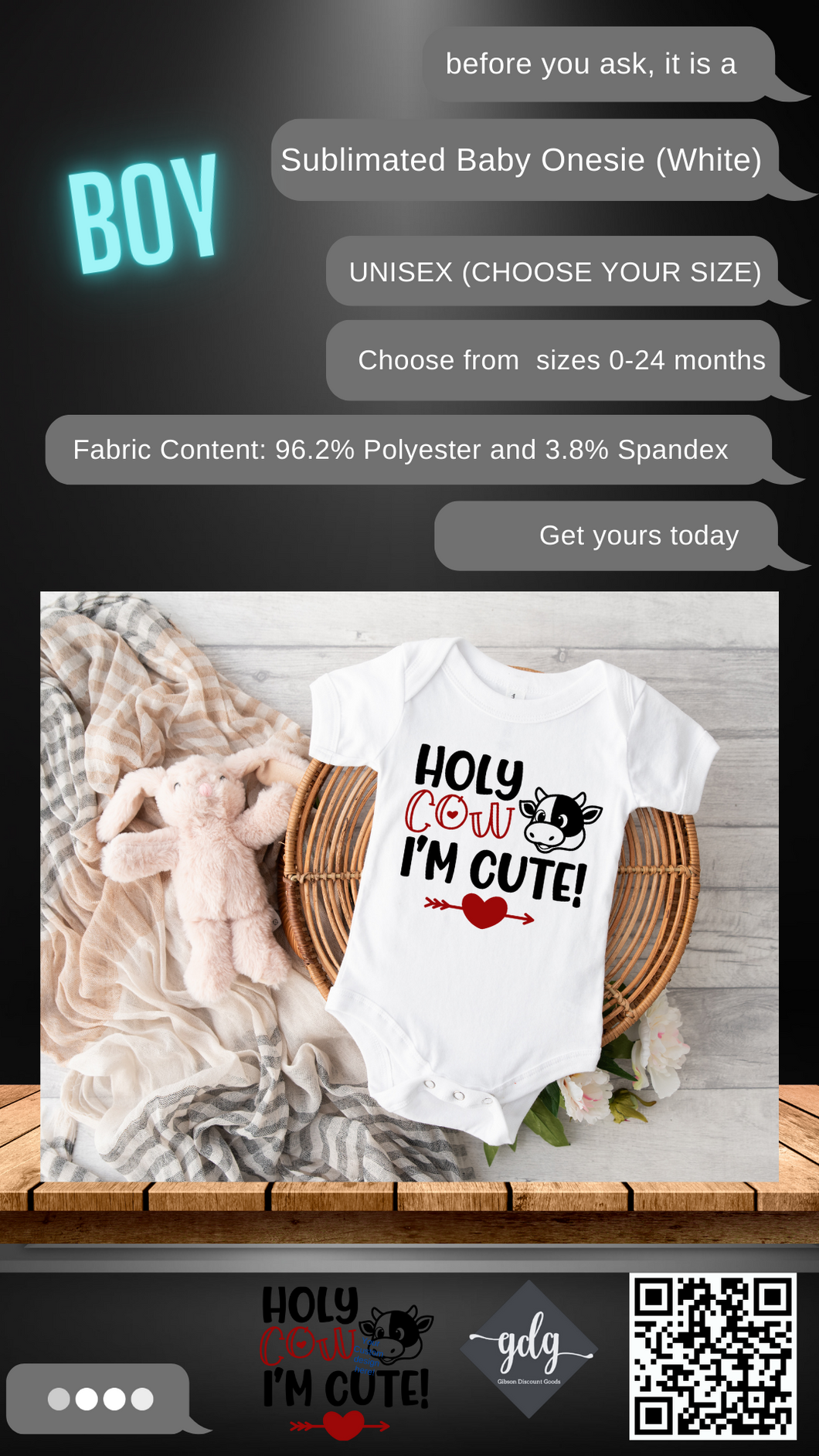 Holy Cow I'm Cute! (Boys) Sublimated Baby Onesie (Bodysuit) - UNISEX (CHOOSE YOUR SIZE) WHITE ONLY