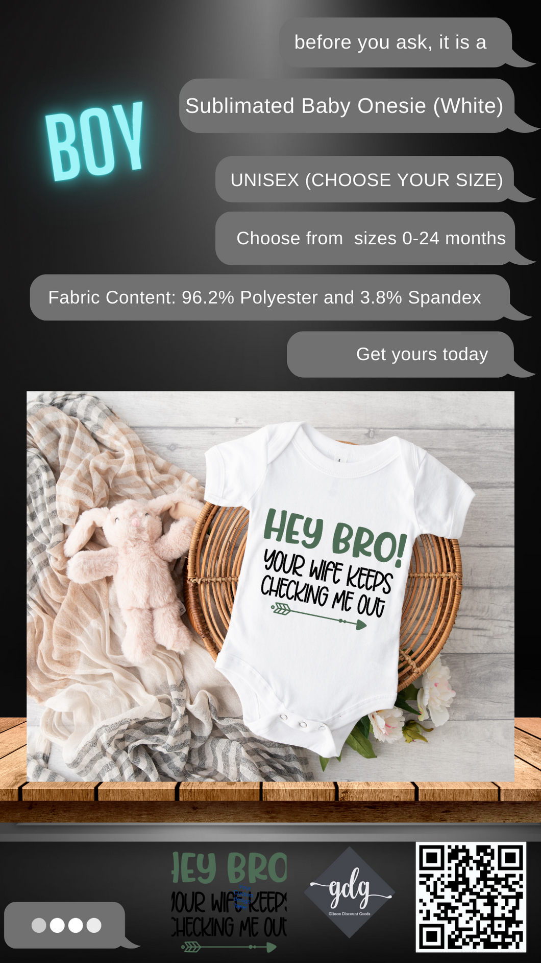 Hey Bro Your Wife Keeps Checking Me Out (Boys) Sublimated Baby Onesie (Bodysuit) - UNISEX (CHOOSE YOUR SIZE) WHITE ONLY