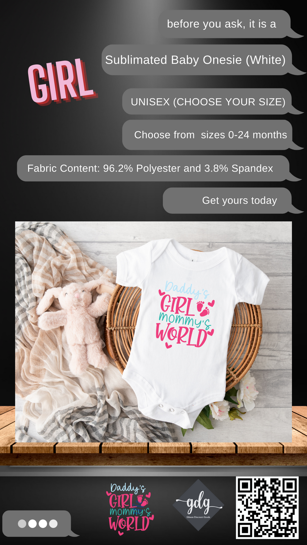 Daddy's Girl Monny's World (Girl) Sublimated Baby Onesie (Bodysuit) - UNISEX (CHOOSE YOUR SIZE) WHITE ONLY