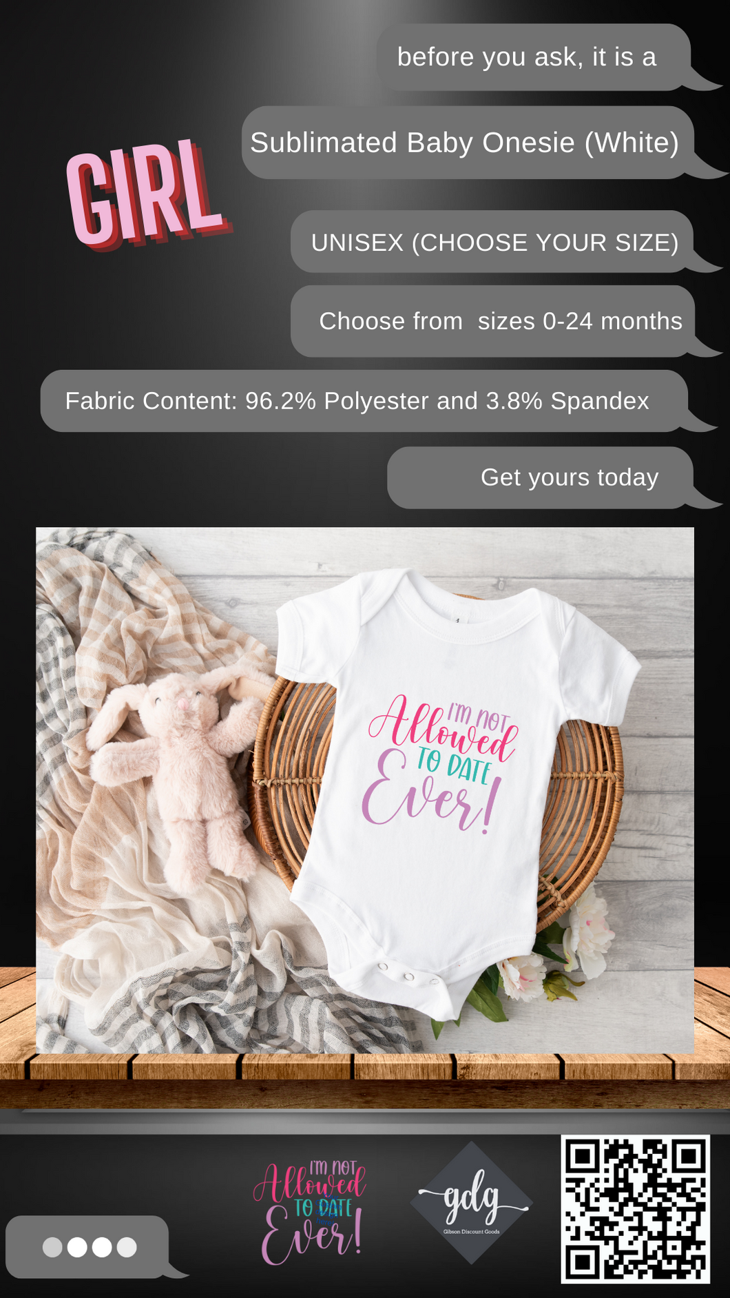 I'm Not Allowed To Date Ever! (Girl) Sublimated Baby Onesie (Bodysuit) - UNISEX (CHOOSE YOUR SIZE) WHITE ONLY