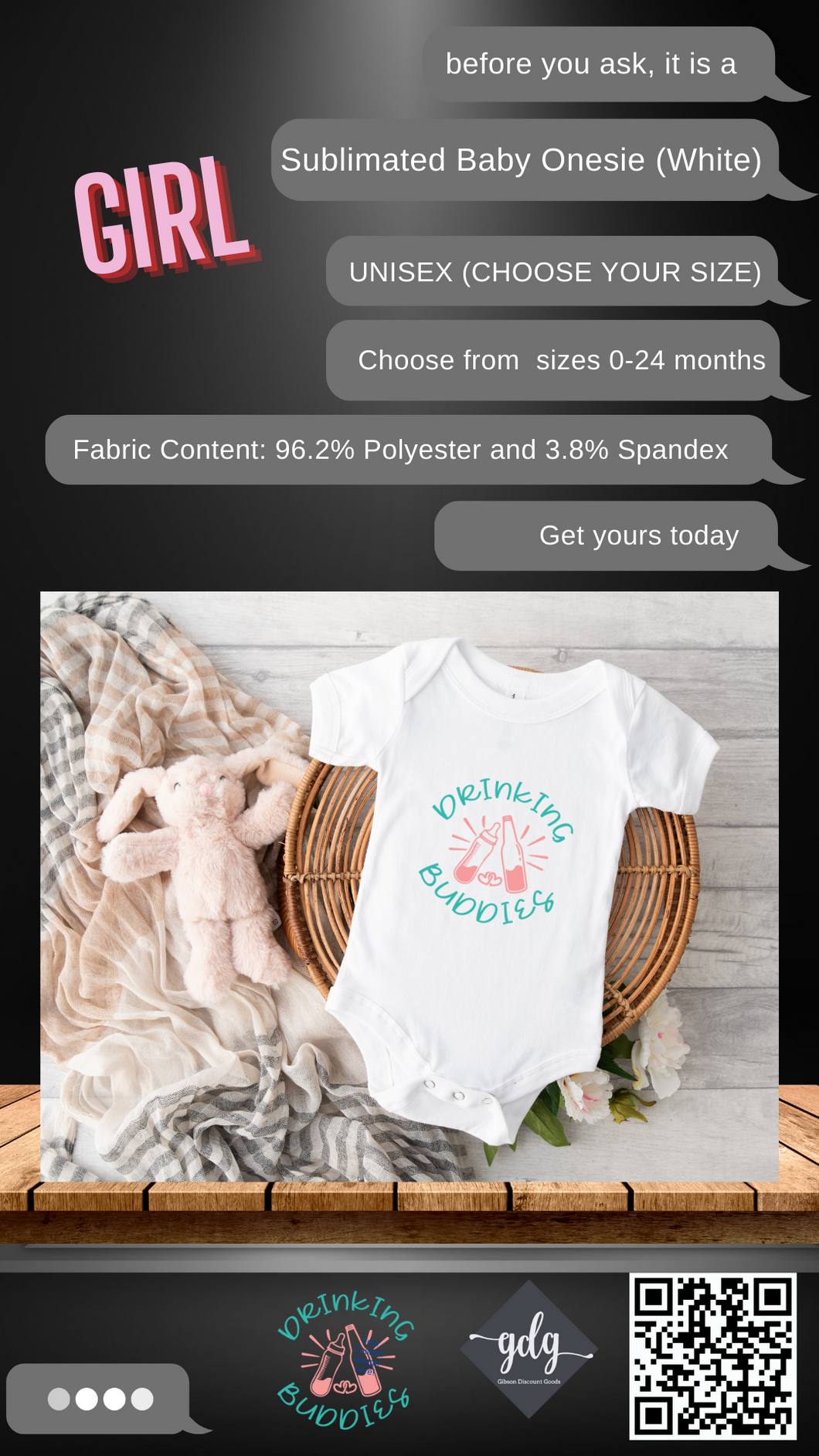 Drinking Buddies (Girl) Sublimated Baby Onesie (Bodysuit) - UNISEX (CHOOSE YOUR SIZE) WHITE ONLY
