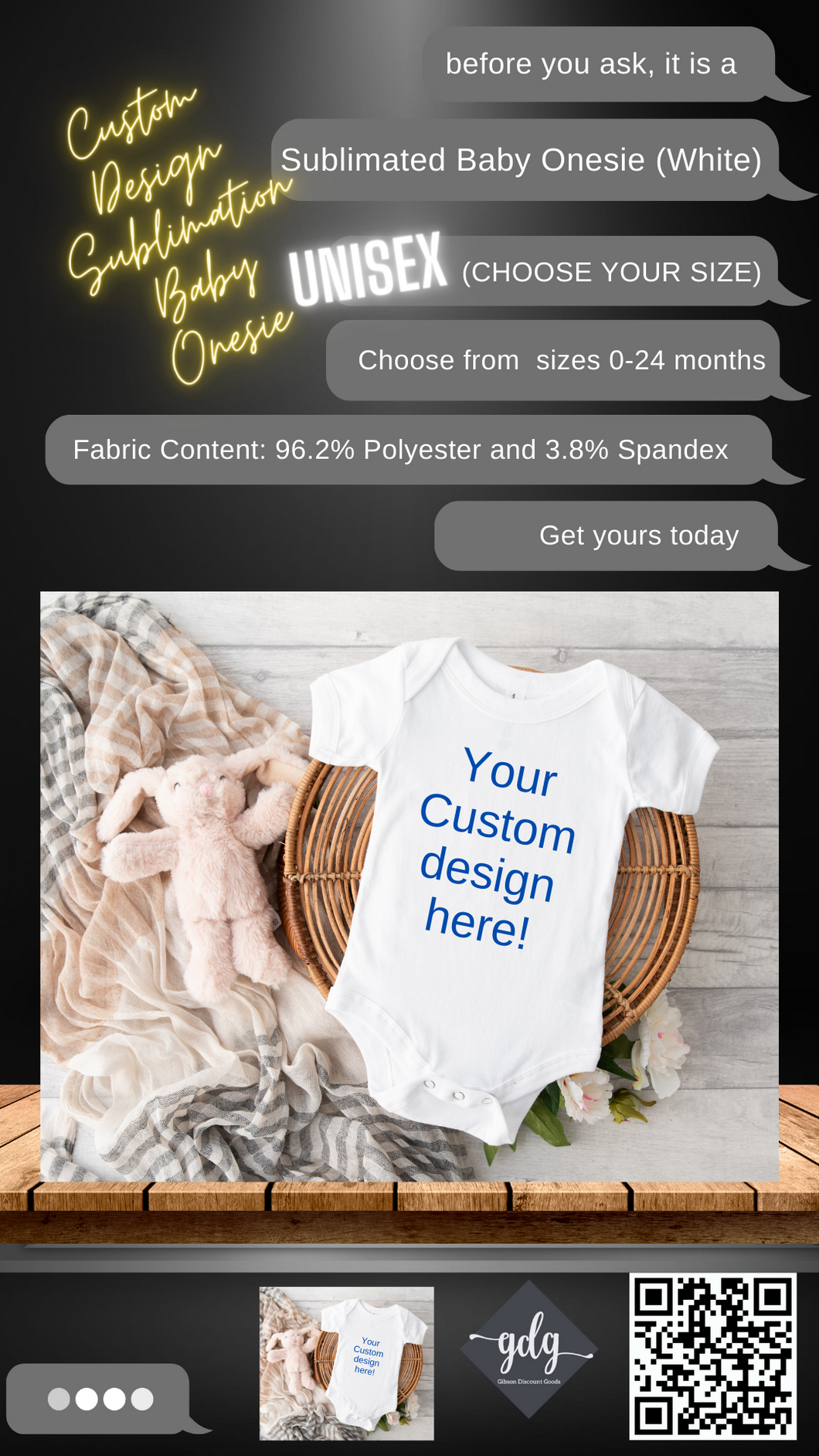 Custom Personalized Sublimated Baby Onesie (Bodysuit) - UNISEX (CHOOSE YOUR SIZE) WHITE ONLY