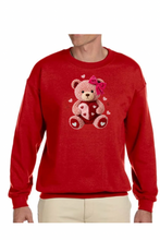 Load image into Gallery viewer, Faux Yarn Valentine's Day Teddy Bear  - DTF Printed Sweatshirts (Adult Sizes) **UNISEX** YOU SELECT THE SWEATSHIRT COLOR (31 COLORS)
