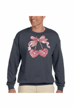 Load image into Gallery viewer, Valentine Cherry Rhinestone  - DTF Printed Sweatshirts (Adult Sizes) **UNISEX** YOU SELECT THE SWEATSHIRT COLOR (31 COLORS)
