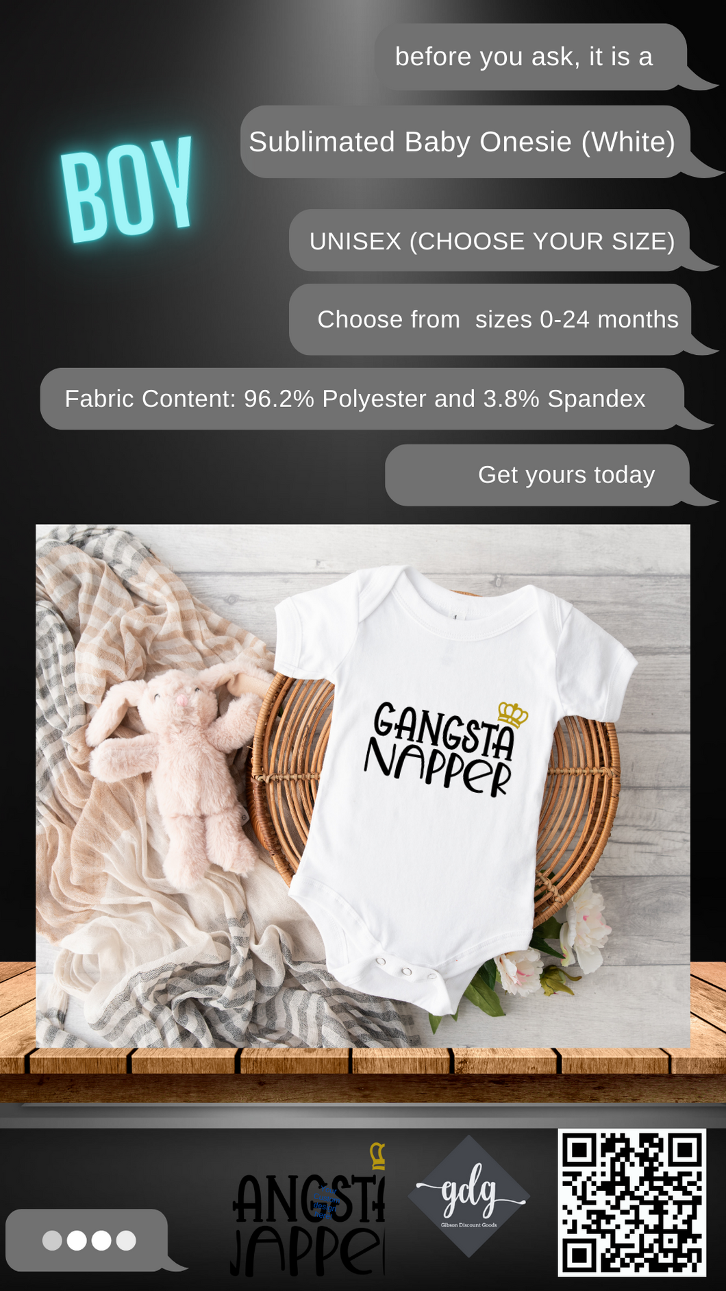 Gangsta Napper (Boys) Sublimated Baby Onesie (Bodysuit) - UNISEX (CHOOSE YOUR SIZE) WHITE ONLY