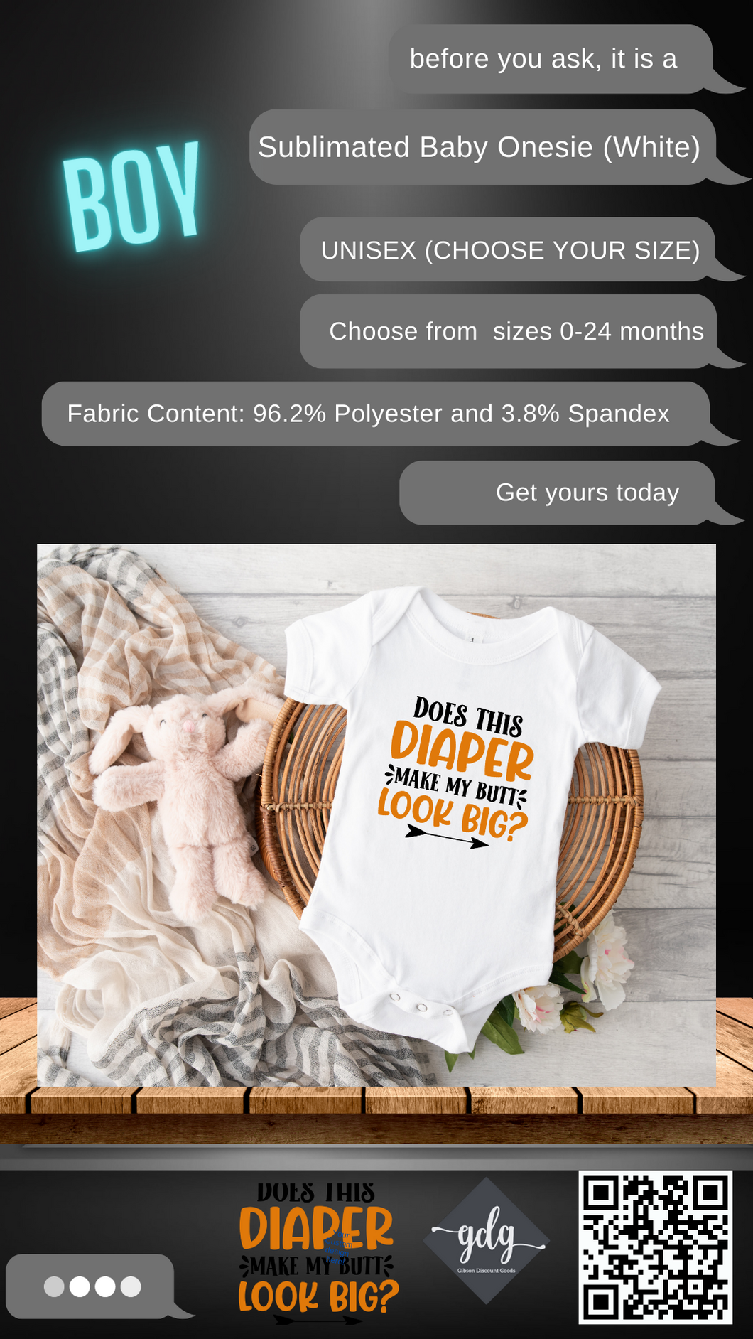 Does This Diaper Make My Butt Look Big? (Boys) Sublimated Baby Onesie (Bodysuit) - UNISEX (CHOOSE YOUR SIZE) WHITE ONLY