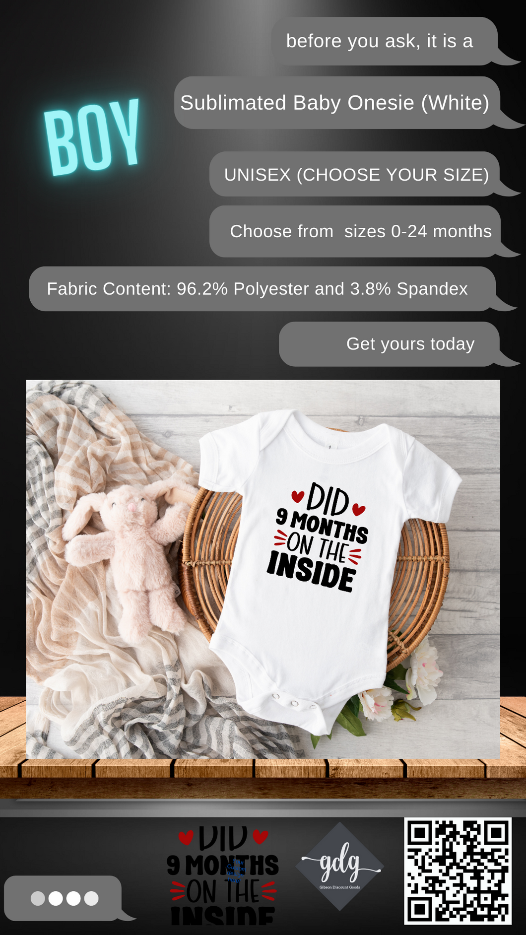 Did 9 Months On The Inside (Boys) Sublimated Baby Onesie (Bodysuit) - UNISEX (CHOOSE YOUR SIZE) WHITE ONLY
