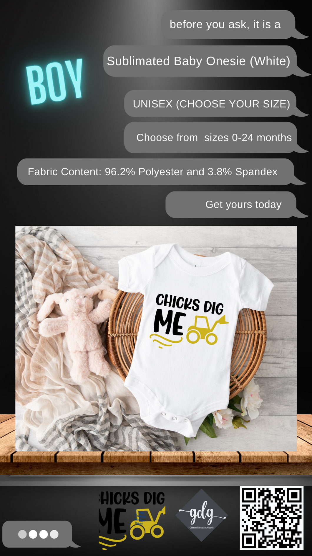 Chicks Dig Me (Boys) Sublimated Baby Onesie (Bodysuit) - UNISEX (CHOOSE YOUR SIZE) WHITE ONLY