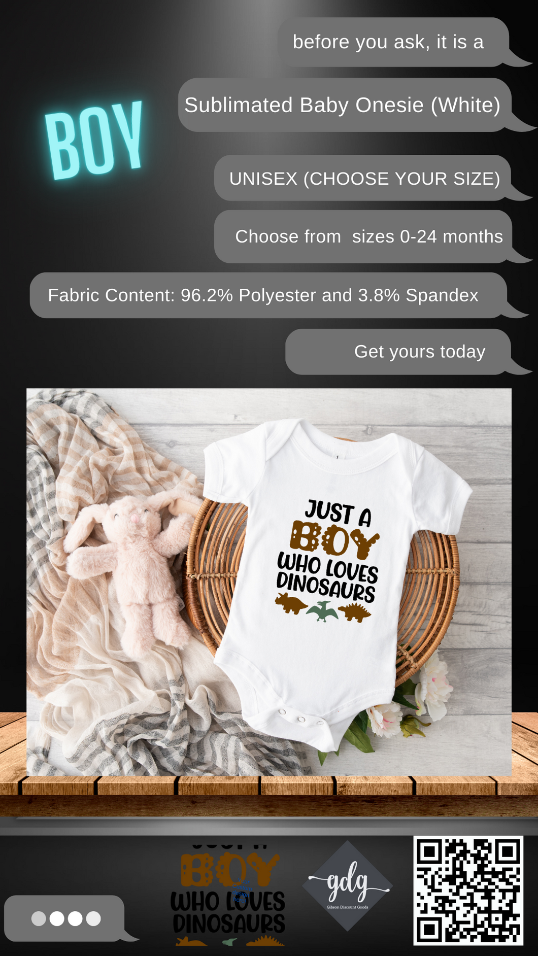 Just A Boy Who Loves Dinosaurs (Boys) Sublimated Baby Onesie (Bodysuit) - UNISEX (CHOOSE YOUR SIZE) WHITE ONLY