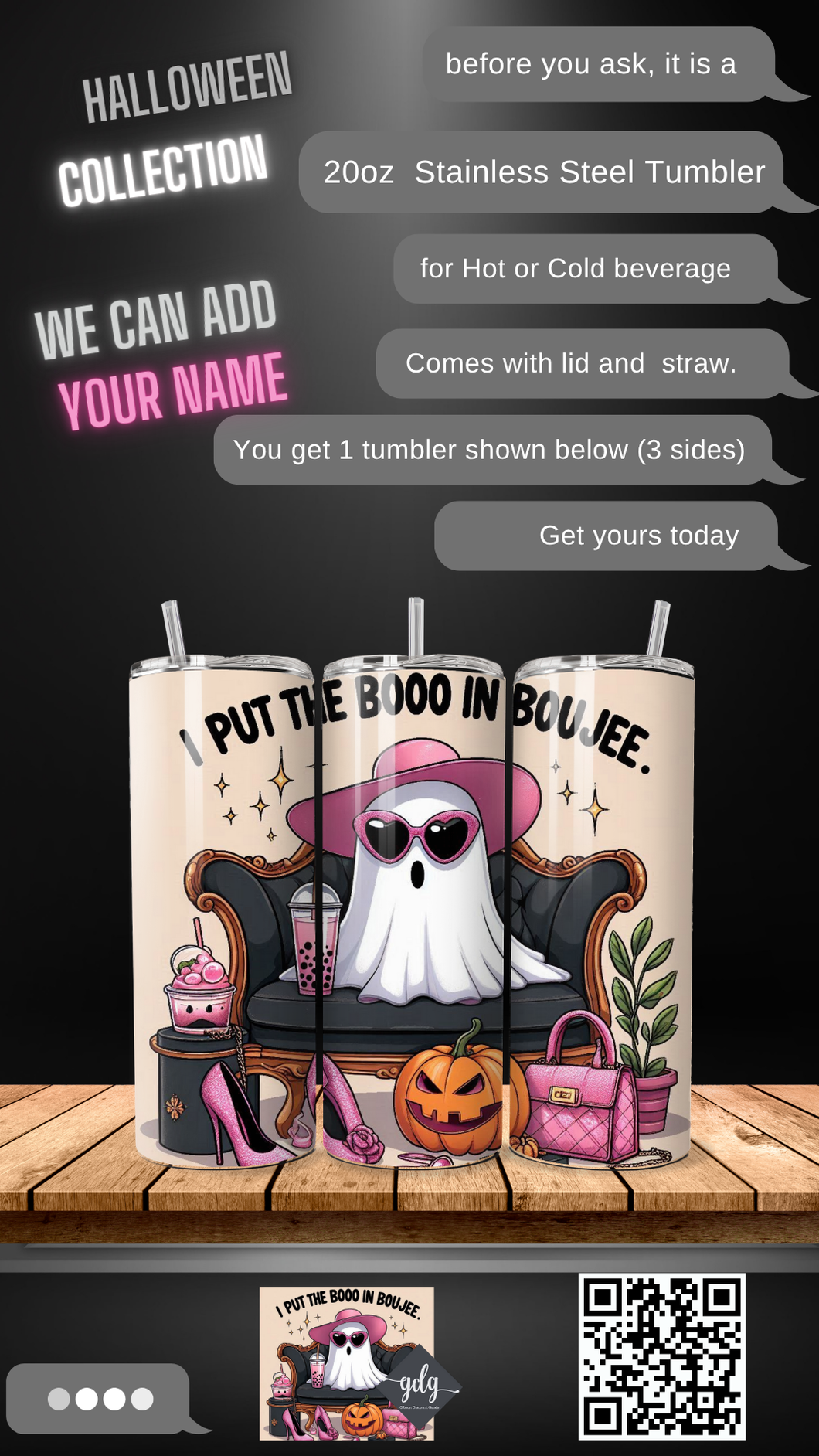 Boo-gee Halloween Ghost -  20 oz  Stainless Steel Skinny Tumbler with lid and straw.