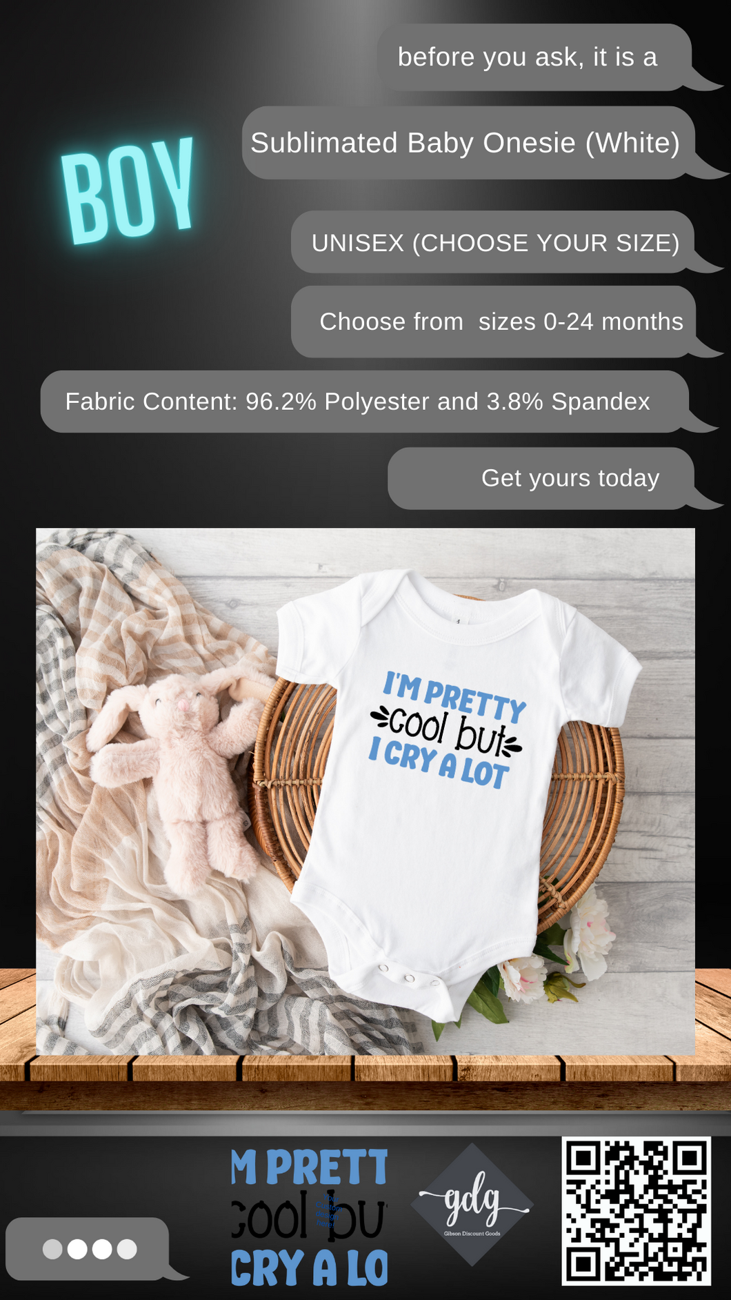 I'm Pretty Cool but I Cry A Lot (Boys) Sublimated Baby Onesie (Bodysuit) - UNISEX (CHOOSE YOUR SIZE) WHITE ONLY