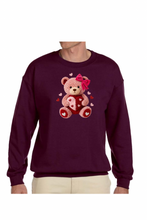 Load image into Gallery viewer, Faux Yarn Valentine's Day Teddy Bear  - DTF Printed Sweatshirts (Adult Sizes) **UNISEX** YOU SELECT THE SWEATSHIRT COLOR (31 COLORS)
