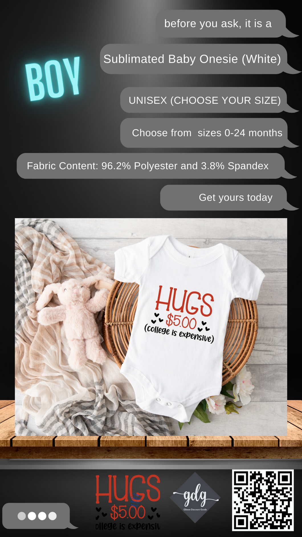 Hugs $500 (college is expensive) (Boys) Sublimated Baby Onesie (Bodysuit) - UNISEX (CHOOSE YOUR SIZE) WHITE ONLY