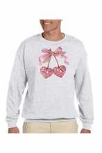 Load image into Gallery viewer, Valentine Cherry Rhinestone  - DTF Printed Sweatshirts (Adult Sizes) **UNISEX** YOU SELECT THE SWEATSHIRT COLOR (31 COLORS)
