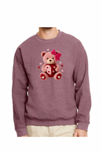 Load image into Gallery viewer, Faux Yarn Valentine's Day Teddy Bear  - DTF Printed Sweatshirts (Adult Sizes) **UNISEX** YOU SELECT THE SWEATSHIRT COLOR (31 COLORS)
