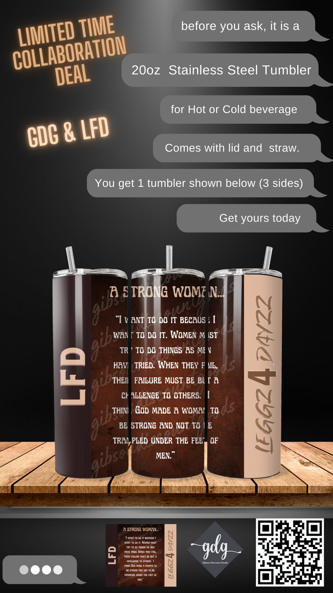 LFD -A Strong Woman -  20 oz  Stainless Steel Skinny Tumbler with lid and straw.