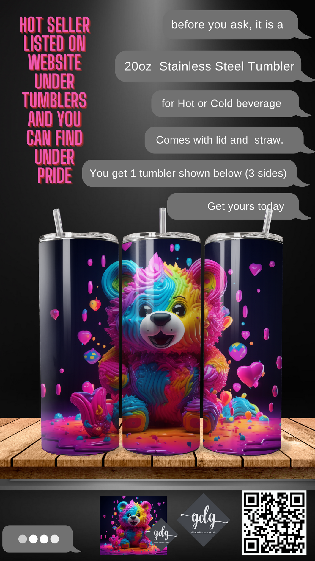 3D Bear Neon Rainbow Colorful DROP (Pride) -  20 oz  Stainless Steel Skinny Tumbler with lid and straw.
