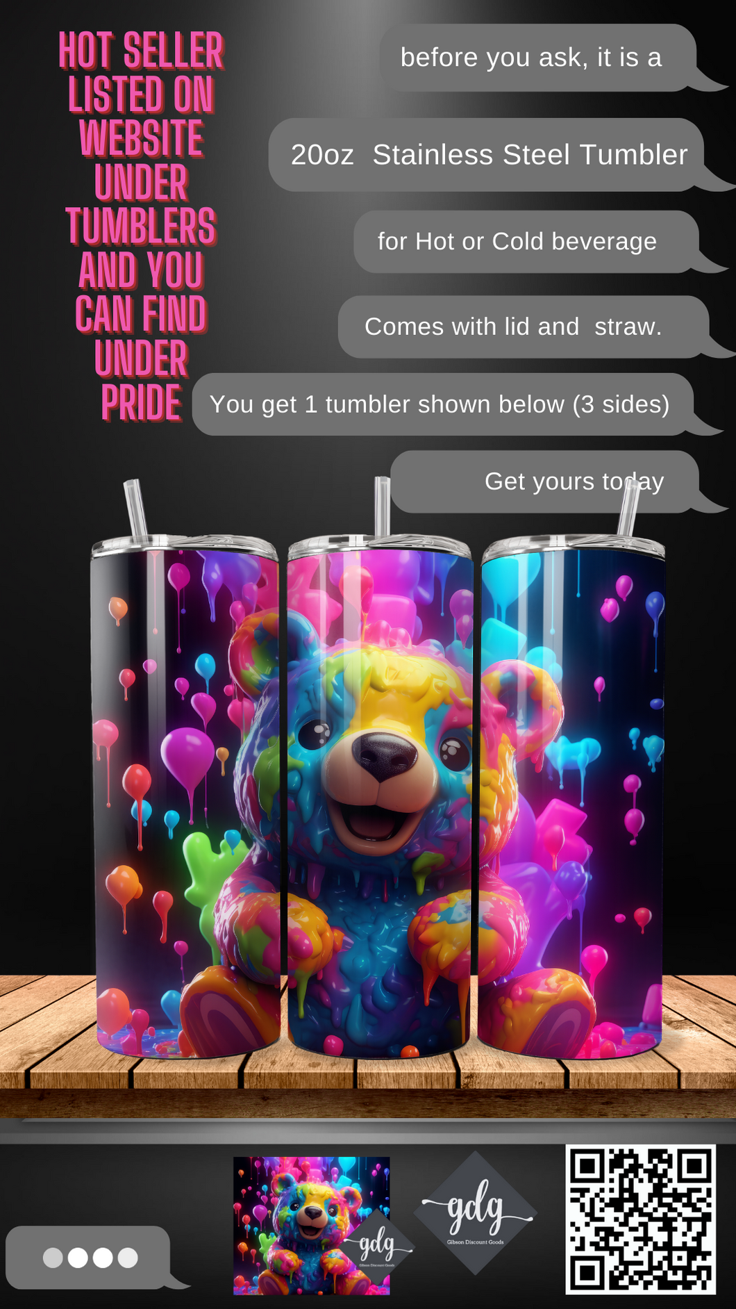 3D Rainbow Neon BEAR Cute (Pride) -  20 oz  Stainless Steel Skinny Tumbler with lid and straw.