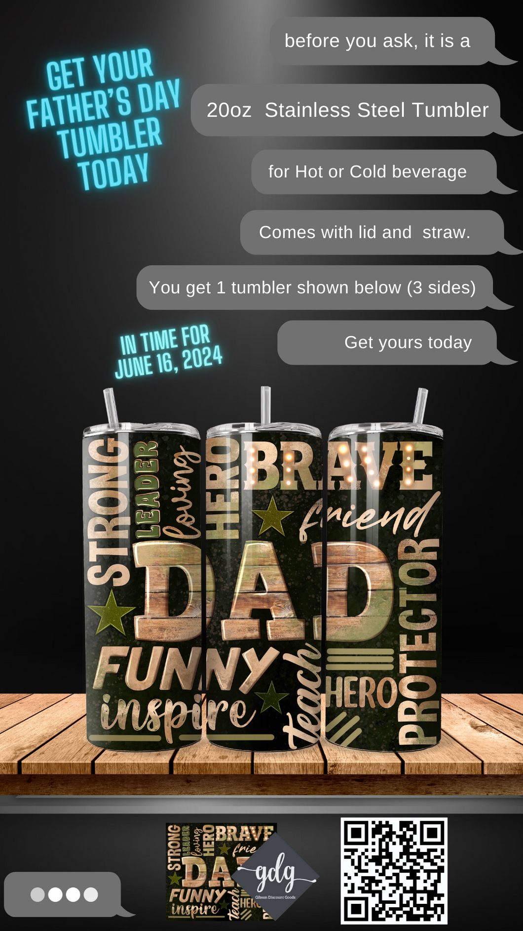 Brave, strong, funny, Hero...Dad -  20 oz  Stainless Steel Skinny Tumbler with lid and straw.
