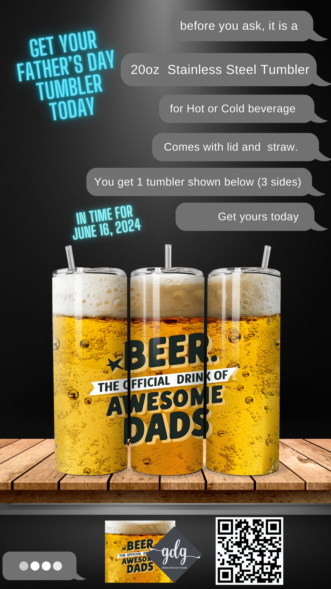 Beer, the Official Drink of Awesome Dads -  20 oz  Stainless Steel Skinny Tumbler with lid and straw.
