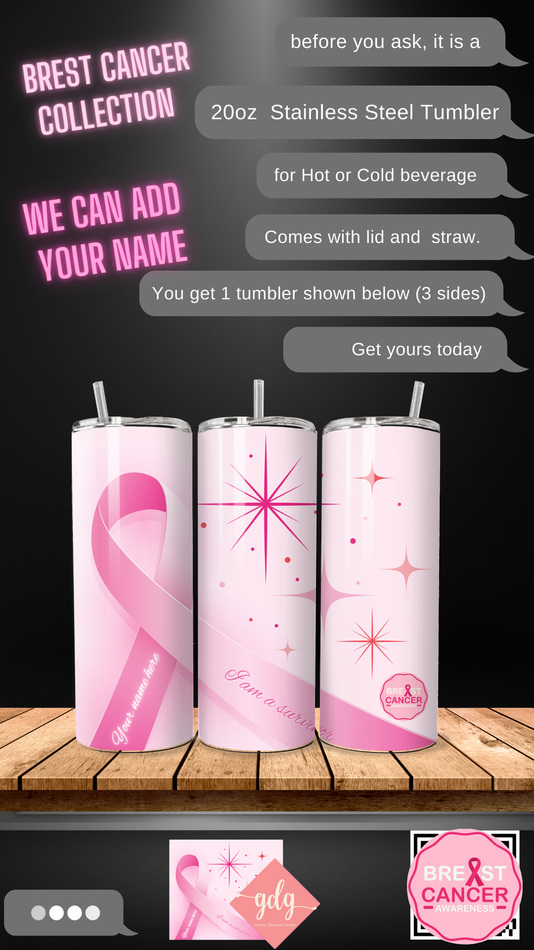 Brest Cancer I am a survivor -  20 oz  Stainless Steel Skinny Tumbler with lid and straw.