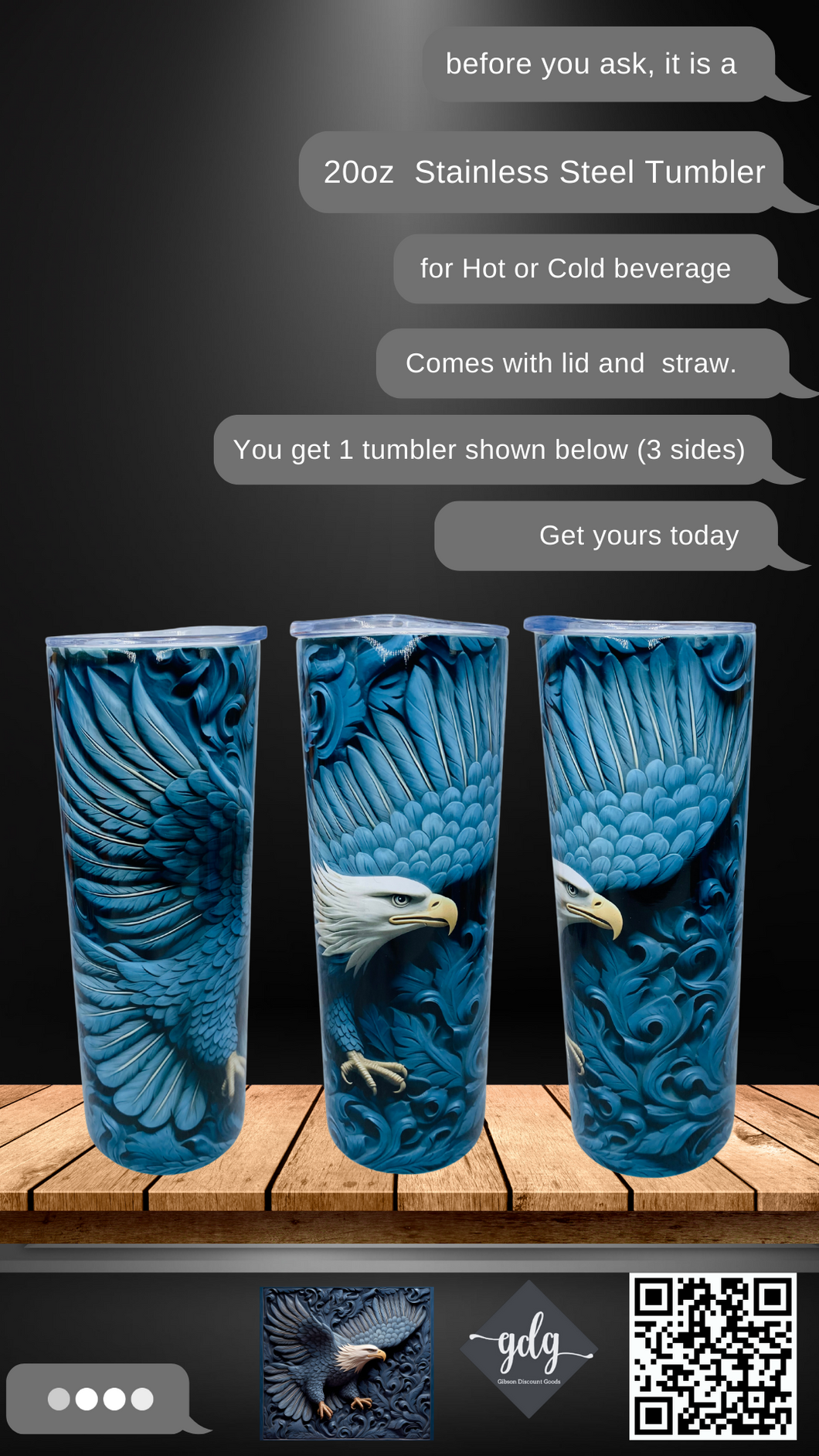 3D Engraved Leather Eagle-  20 oz  Stainless Steel Skinny Tumbler with lid and straw.
