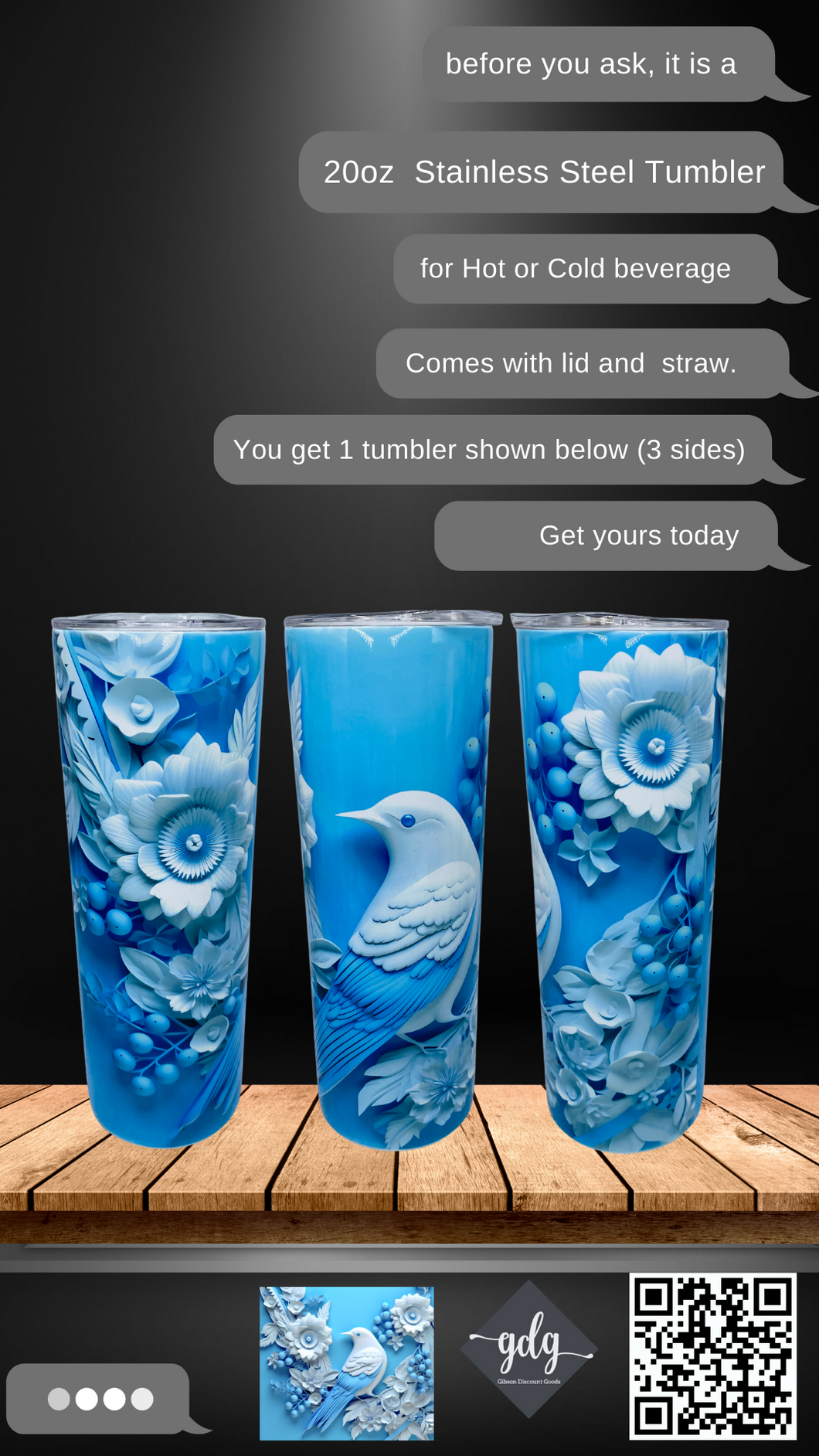 3D Blue Bird with flowers-  20 oz  Stainless Steel Skinny Tumbler with lid and straw.