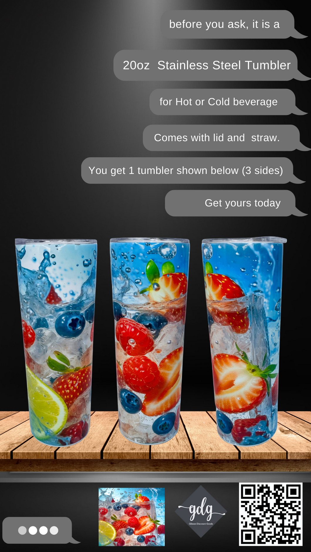 3D Fresh Fruit -  20 oz  Stainless Steel Skinny Tumbler with lid and straw.