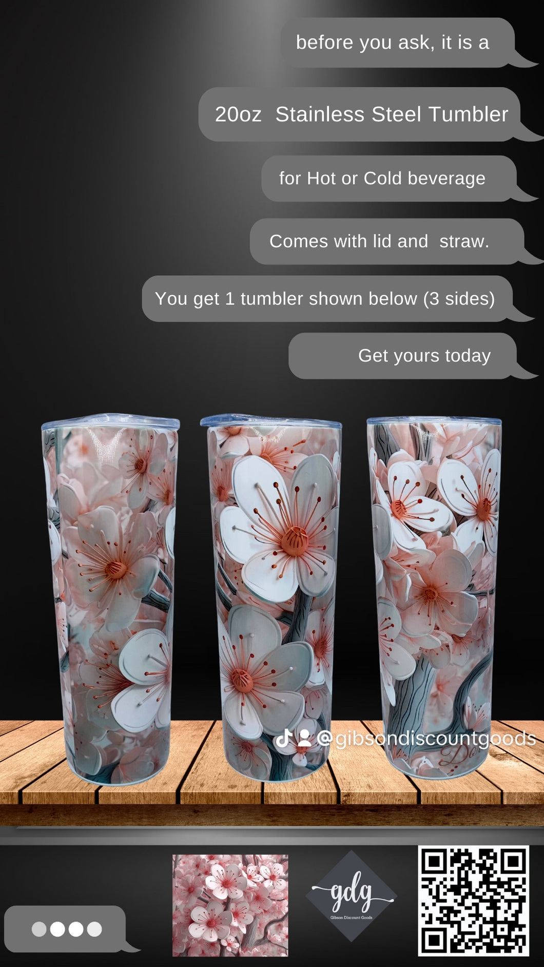 3D Pink Flowers -  20 oz  Stainless Steel Skinny Tumbler with lid and straw.