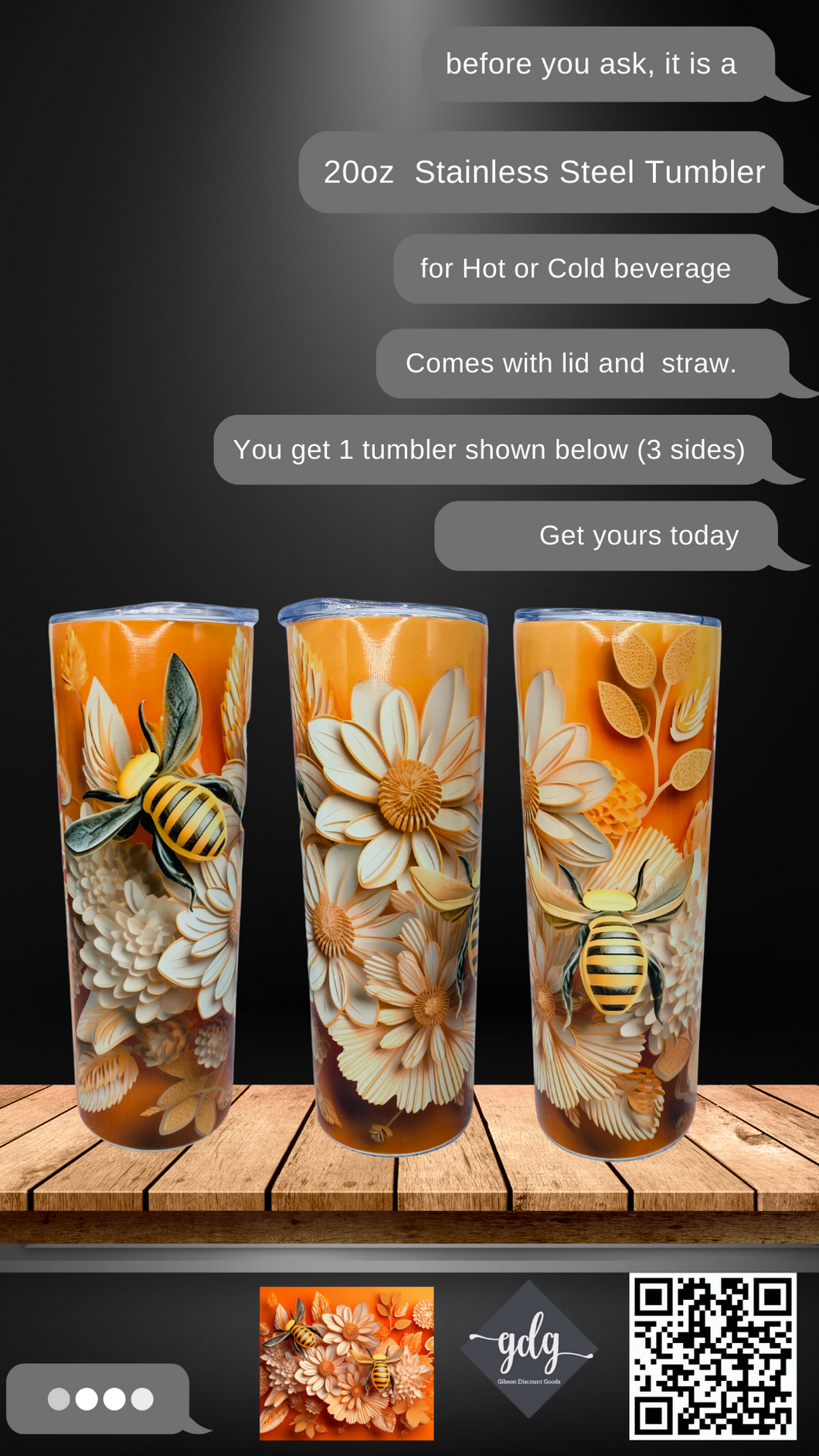 3D Yellow Bee and Flower -  20 oz  Stainless Steel Skinny Tumbler with lid and straw.
