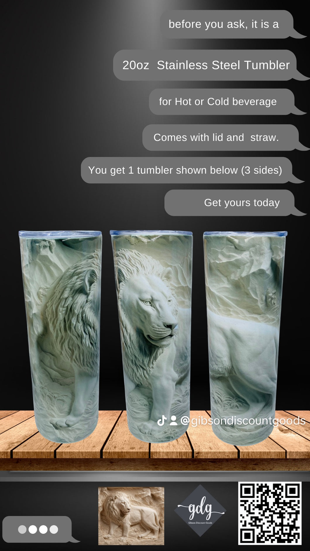 3D Lion-  20 oz  Stainless Steel Skinny Tumbler with lid and straw.