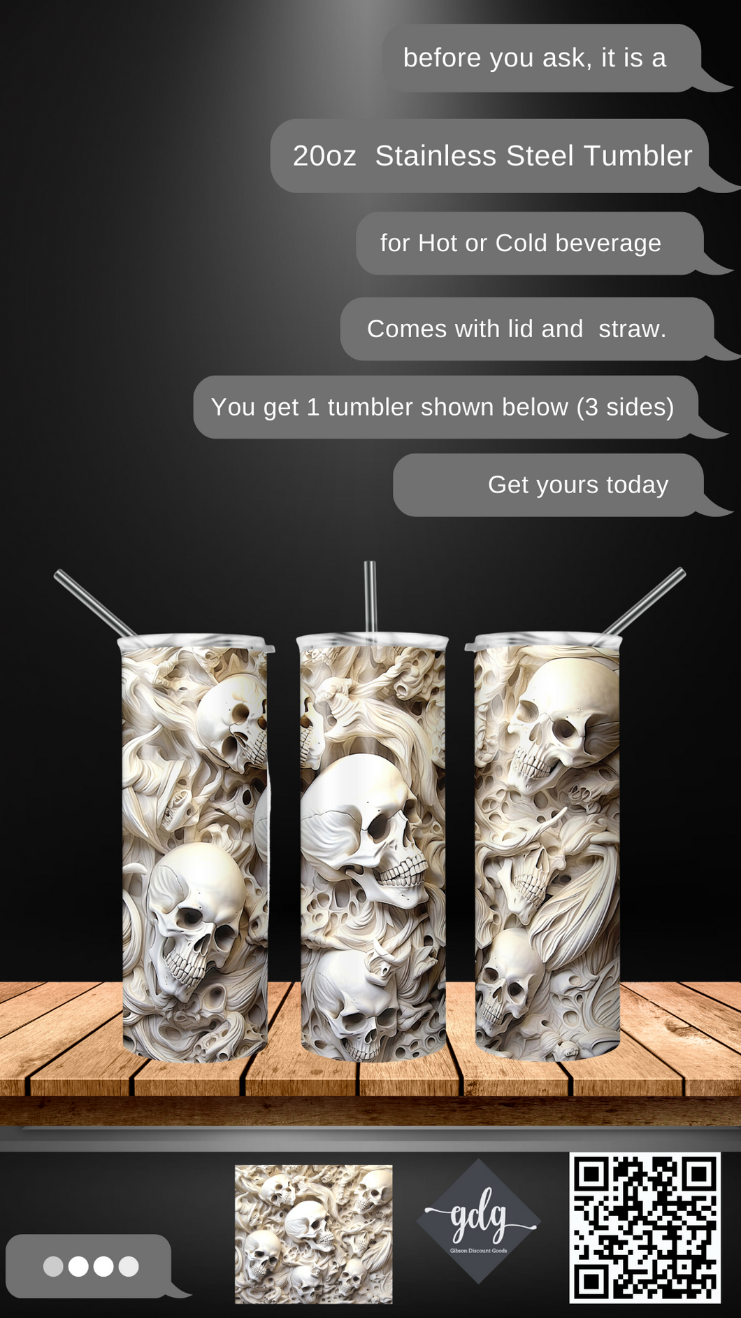 3D Skulls -  20 oz  Stainless Steel Skinny Tumbler with lid and straw.