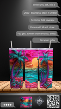 Load image into Gallery viewer, 3D Carved Beach Life NEON Palm -  20 oz  Stainless Steel Skinny Tumbler with lid and straw.
