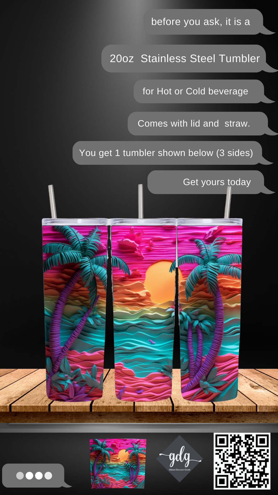 3D Carved Beach Life NEON Palm -  20 oz  Stainless Steel Skinny Tumbler with lid and straw.