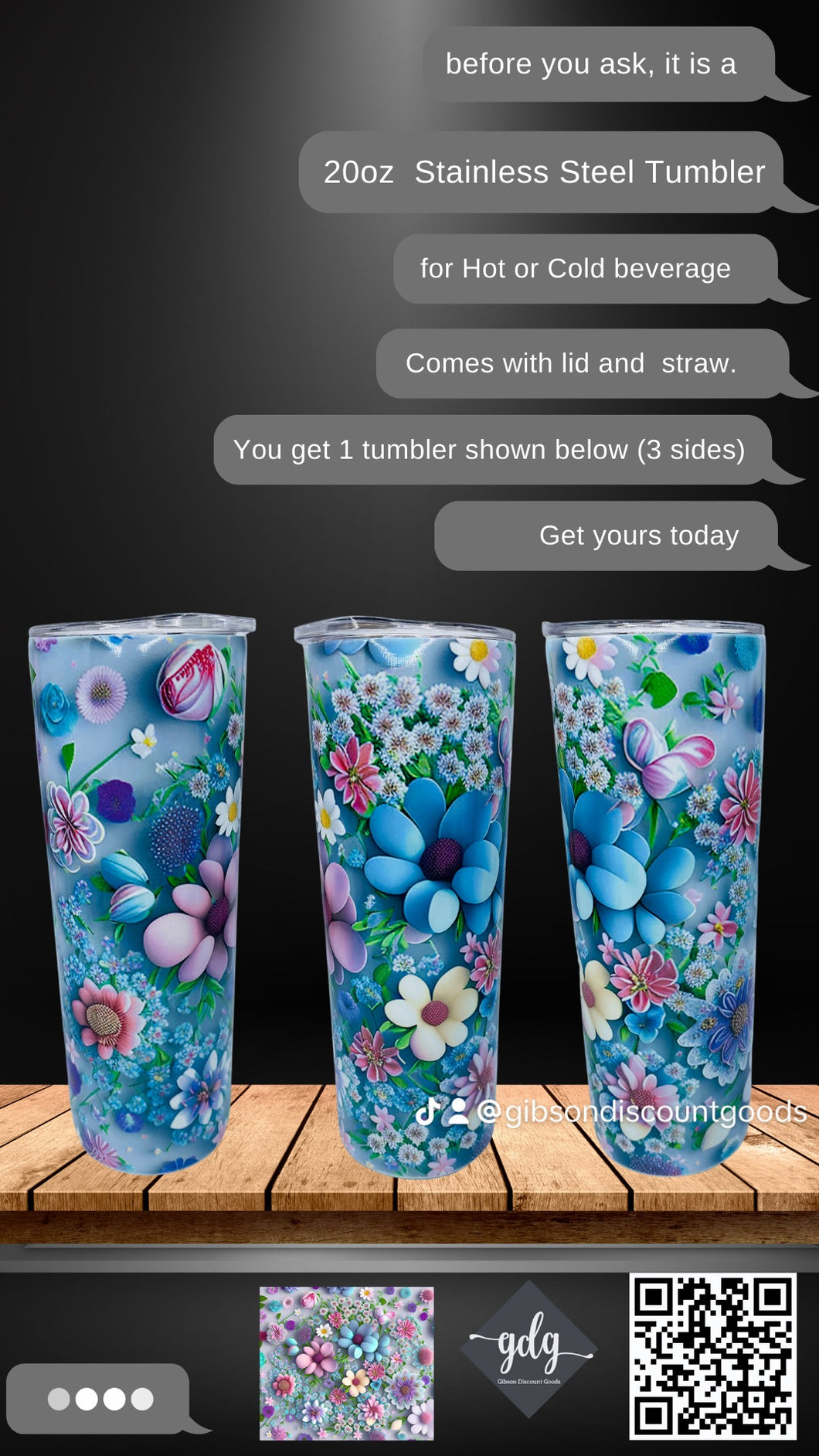 3D colorful flowers -  20 oz  Stainless Steel Skinny Tumbler with lid and straw.