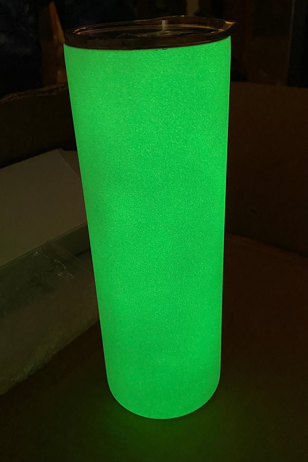 GREEN GLOW IN THE DARK 20 oz BLANK SUBLIMATION SKINNY STAINLESS STEEL TUMBLER WITH LID AND PLASTIC STRAW.