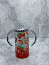 Load image into Gallery viewer, Strawberries - 12 oz. Kid Stainless Steel Sippy Cup with kids handle lid, regular lid and straw.
