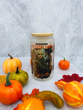 Load image into Gallery viewer, Halloween 3 scary faces 16 oz Beer Can Glass with Bamboo Lid and Straw
