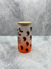 Load image into Gallery viewer, Halloween  - Bats and Ghosts on Orange 16 oz Beer Can Glass with Bamboo Lid and Straw
