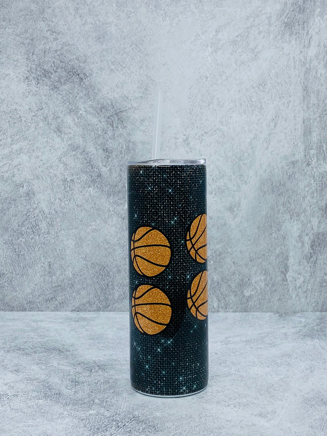 Basketball Glitter - 20 oz  Stainless Steel Skinny Tumbler with Lid and straw.
