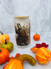 Load image into Gallery viewer, Halloween 3 scary faces 16 oz Beer Can Glass with Bamboo Lid and Straw
