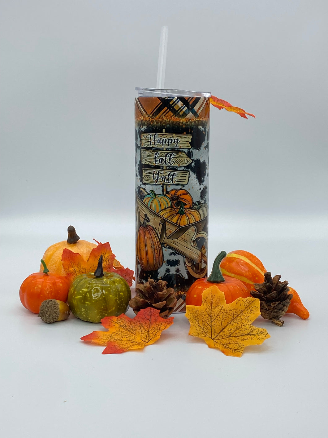 Happy Fall Y`all - 20 oz  Stainless Steel Skinny Tumbler with Lid and straw.