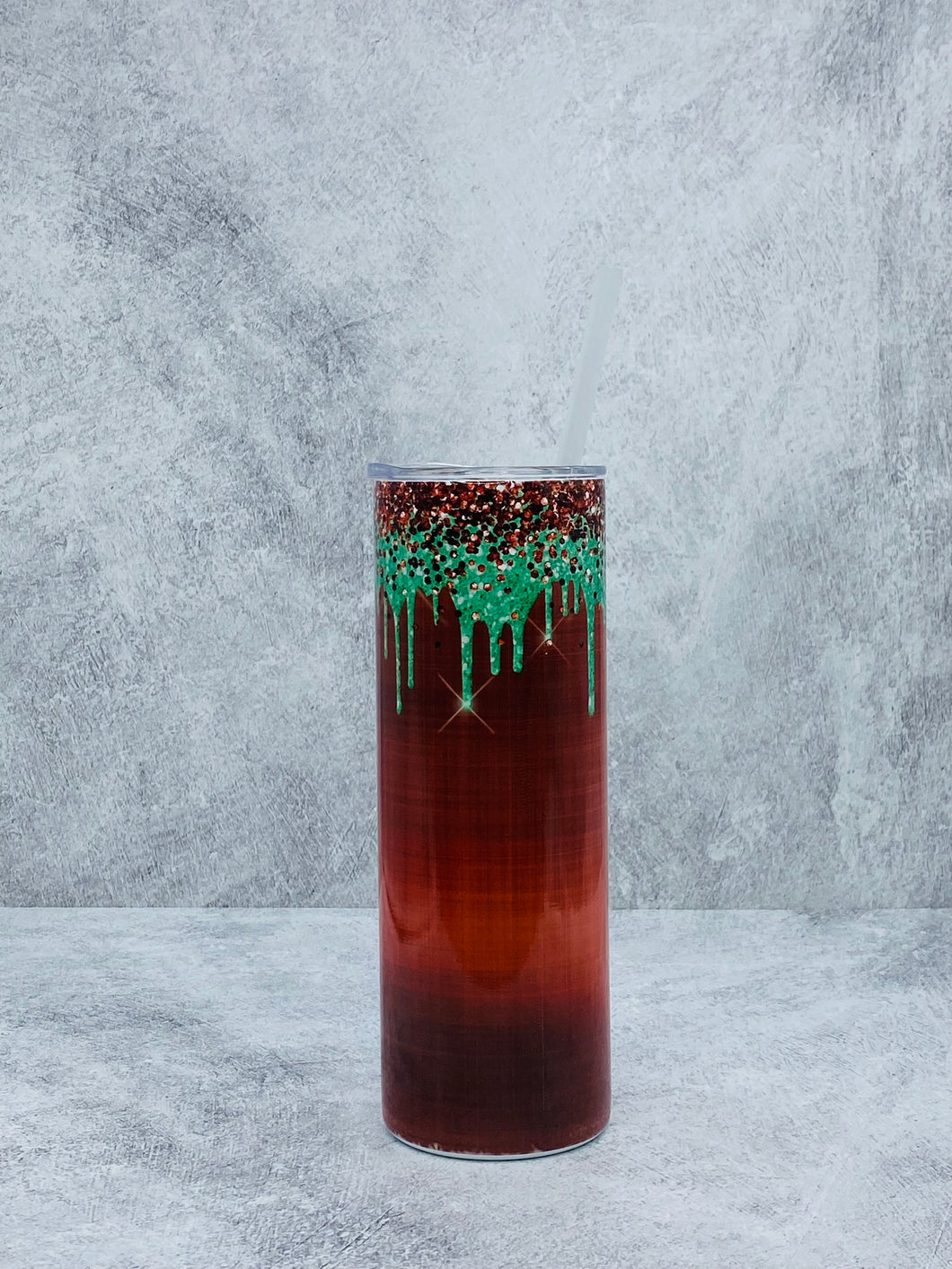 Red with Green Glitter Drip  - 20 oz Stainless Steel Skinny Tumbler with lid and straw.
