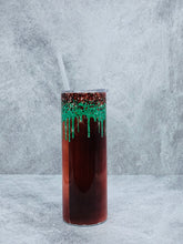Load image into Gallery viewer, Red with Green Glitter Drip  - 20 oz Stainless Steel Skinny Tumbler with lid and straw.
